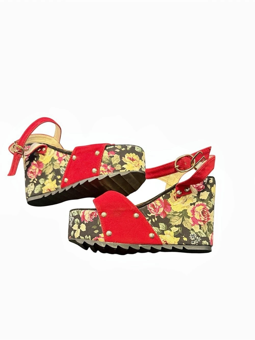 Floral Wedge Sandals in Red & Black